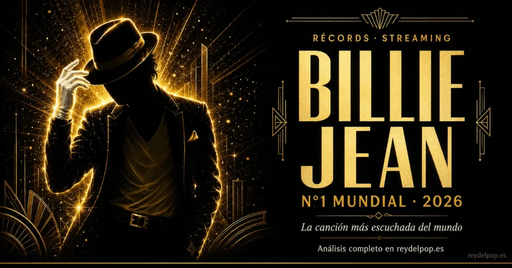 Silueta dorada de Michael Jackson con el texto "Billie Jean Nº1 Mundial 2026" — récord histórico en streaming