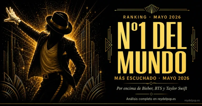 Silueta dorada de Michael Jackson con el texto "Nº1 del Mundo · Mayo 2026" — el artista más escuchado por encima de Bieber, BTS y Taylor Swift